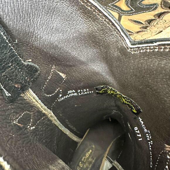 J.B. Dillon Calf Pointed Toe Black Gold Cowhide Leather Western Cowboy Boots 7.5 - Picture 9 of 10